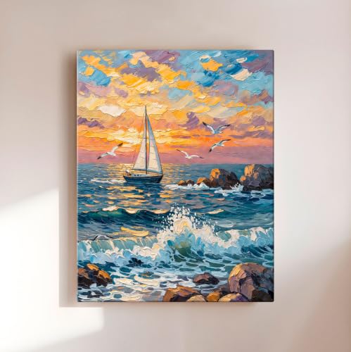 Image of ArtX Boat Canvas Painting for Vastu, Colorful Landscape Wall Art, Nature Canvas Painting, Gallery Wrapped Canvas for Living Room, Bedroom, Office Decor, 45 x 58 cms