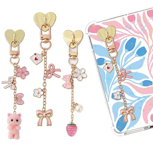 Berirexrion Charm Chains for Kindle - 3 Pcs Cute Pink Cat Accessories with Heart Hook Compatible for E-reader/iPad/Phone Aesthetic Decor for Reader Book Lovers Bookish Women Men Girls Reading Gifts