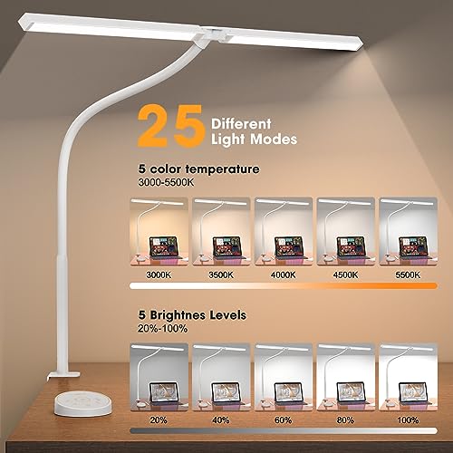 Image of Pzloz Led Desk Lamp for Office Home - Eye Caring Architect lamp with Clamp,Dual Screen Computer Monitor Work Smart Light: 24W 5 Color Flexible Adjustable Lighting Table Lamp for Study White
