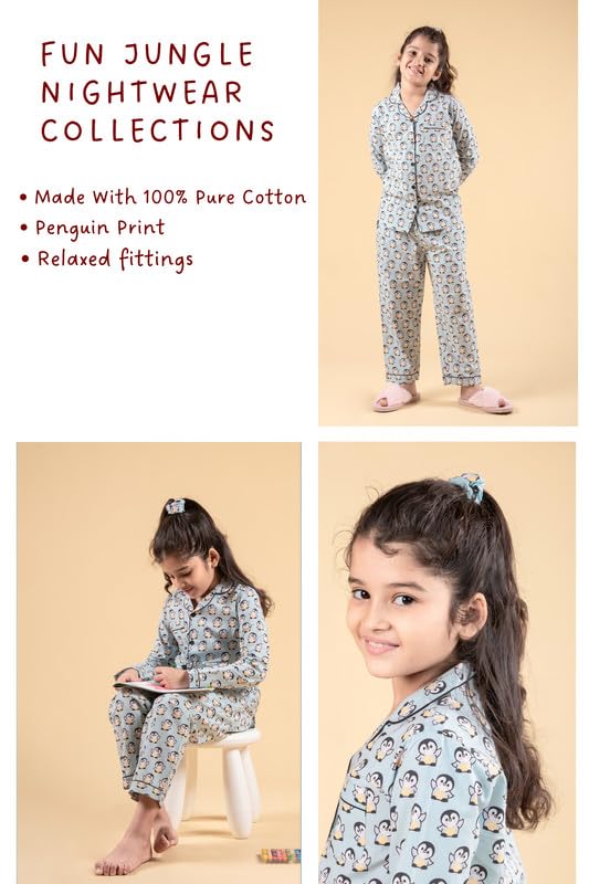Image of Tweeny Mini Kids Girls Pure Rayon Night Suit | Sleepwear| Night Wear | Nightdress | Top Shirt & Pyjama Combo Set Floral Printed with Pockets Full Sleeves