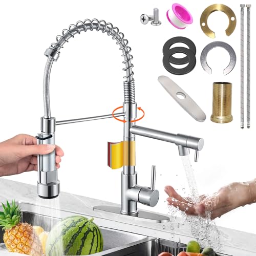 Grifo de Cocina Grifos Monomando Grifo de Boquilla Doble llaves para fregadero de cocina con Resorte, Desplegable de Acero Inoxidable Mezcladora Para Fregadero Uso simultáneo Dos...