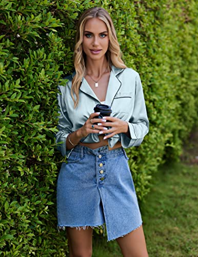 Ekouaer Women's Silk Satin Pajamas Set Button Down 2 Piece Long Pjs Set Sleepwear(02 Clear Blue,Medium) #TOP2