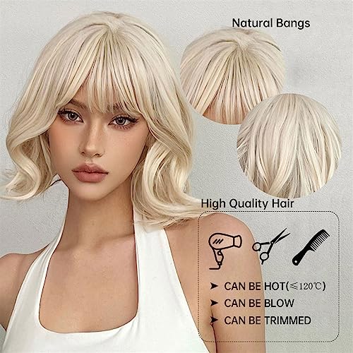 Perruque courte ondulée blonde platine avec frange synthétique Bob aspect naturel pour femmes - 3