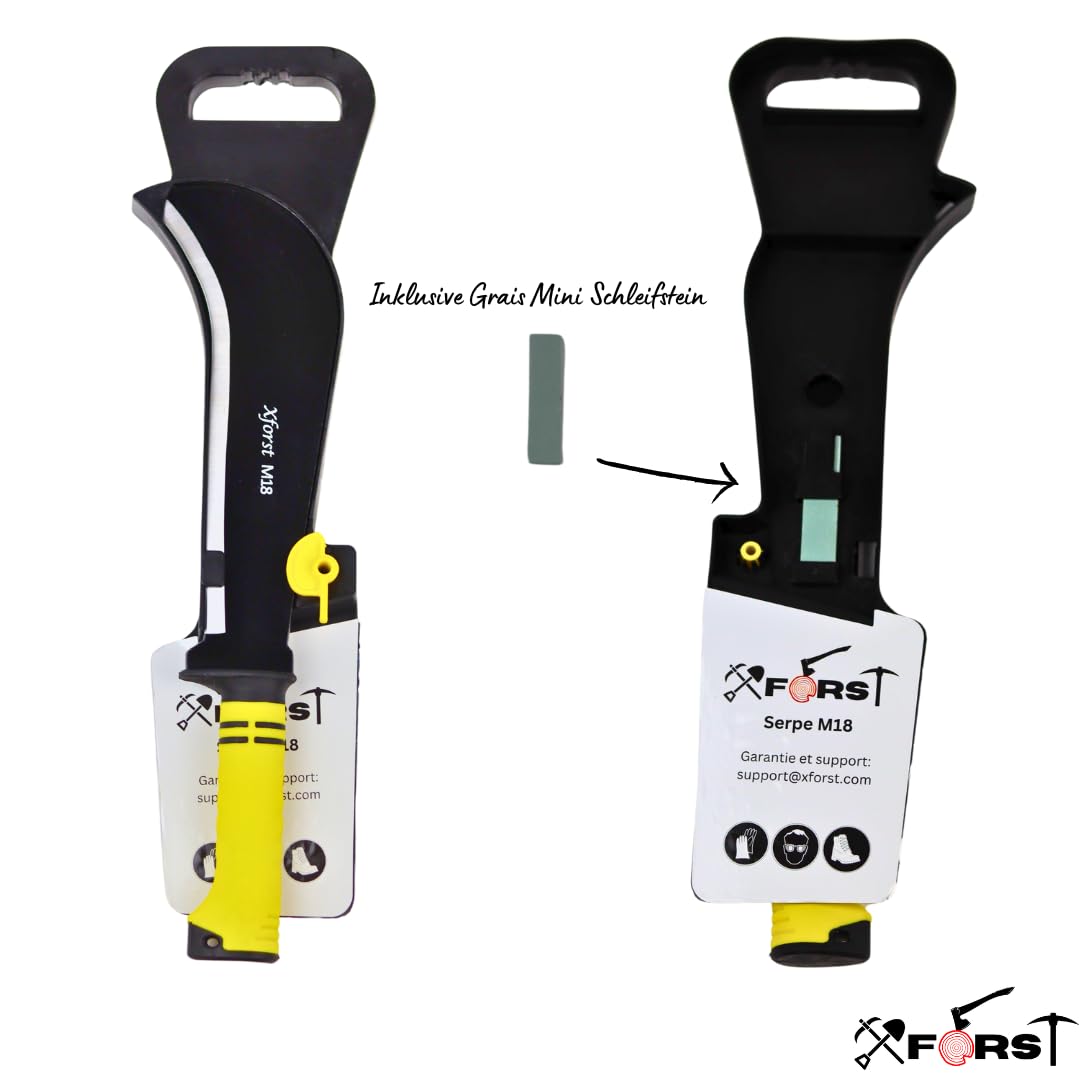 Xforst Roncola Falci Ronca Lama Multifunzione, Mini Pietra per Affilare e Borsa da Trasporto X-M18 - Gertel Gertl Hippe Falce con Manico Antiscivolo in Fibra di Vetro