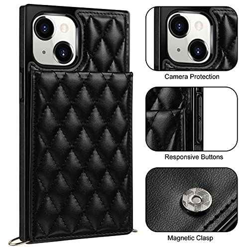 Coolden For Iphone 14 Plus Case Wallet Quilted Leather Women Luxury Phone Cover Crossbody Strap Kickstand Slim Square Armor Card Holder Slots Case For Iphone 14 Plus 6.7" Black #TOP1