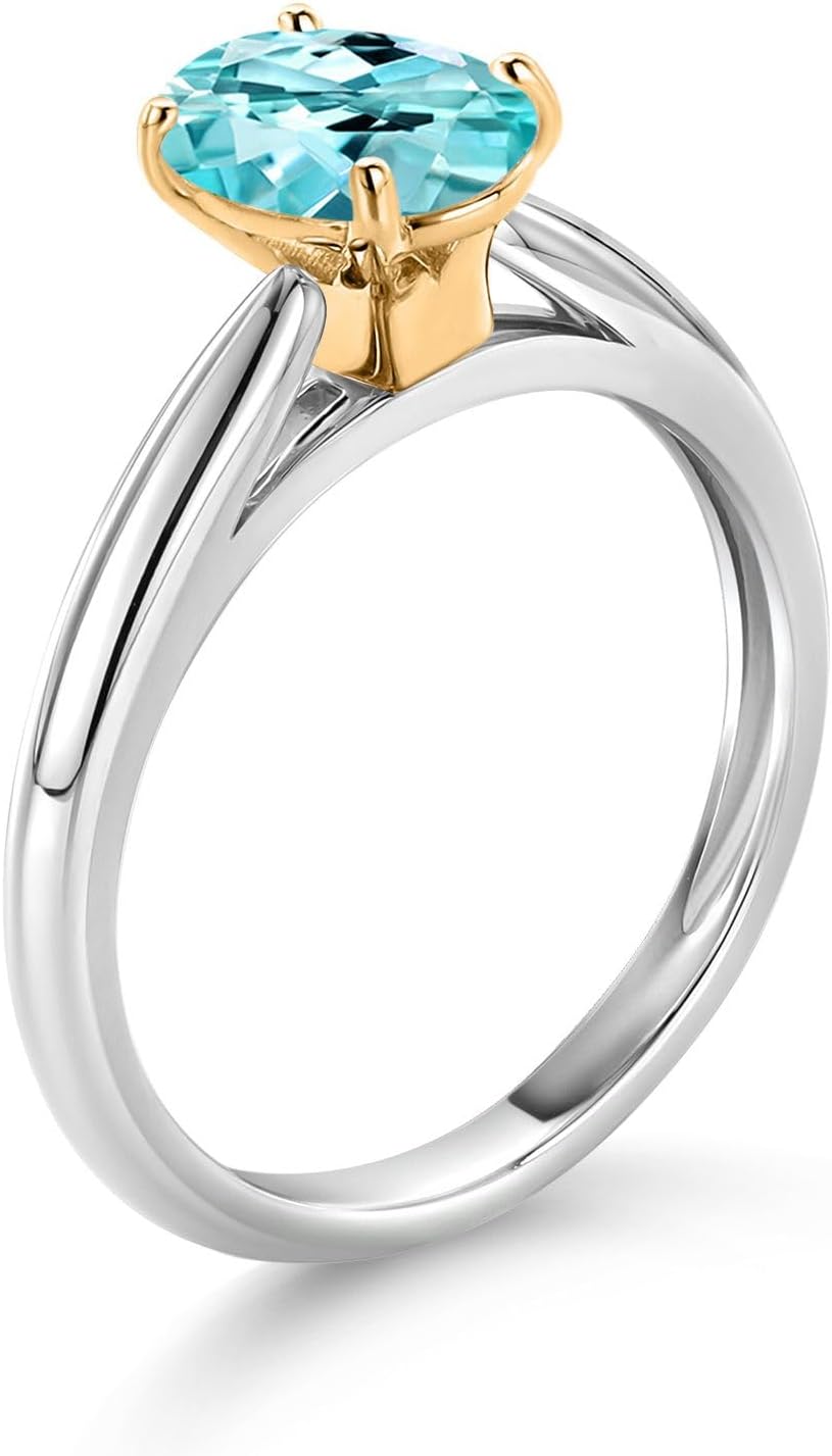 Gem Stone King 925 Sterling Silver and 10K Yellow Gold Blue Apatite Solitaire Engagement Ring For Women (1.20 Cttw, Oval 8X6MM, Gemstone Birthstone)