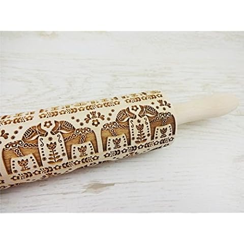 Rolling Pin FOLKSY HORSES. Wooden Embossing Rolling Pin with Horses Pattern for Embossed Cookies by Algis Crafts Cover