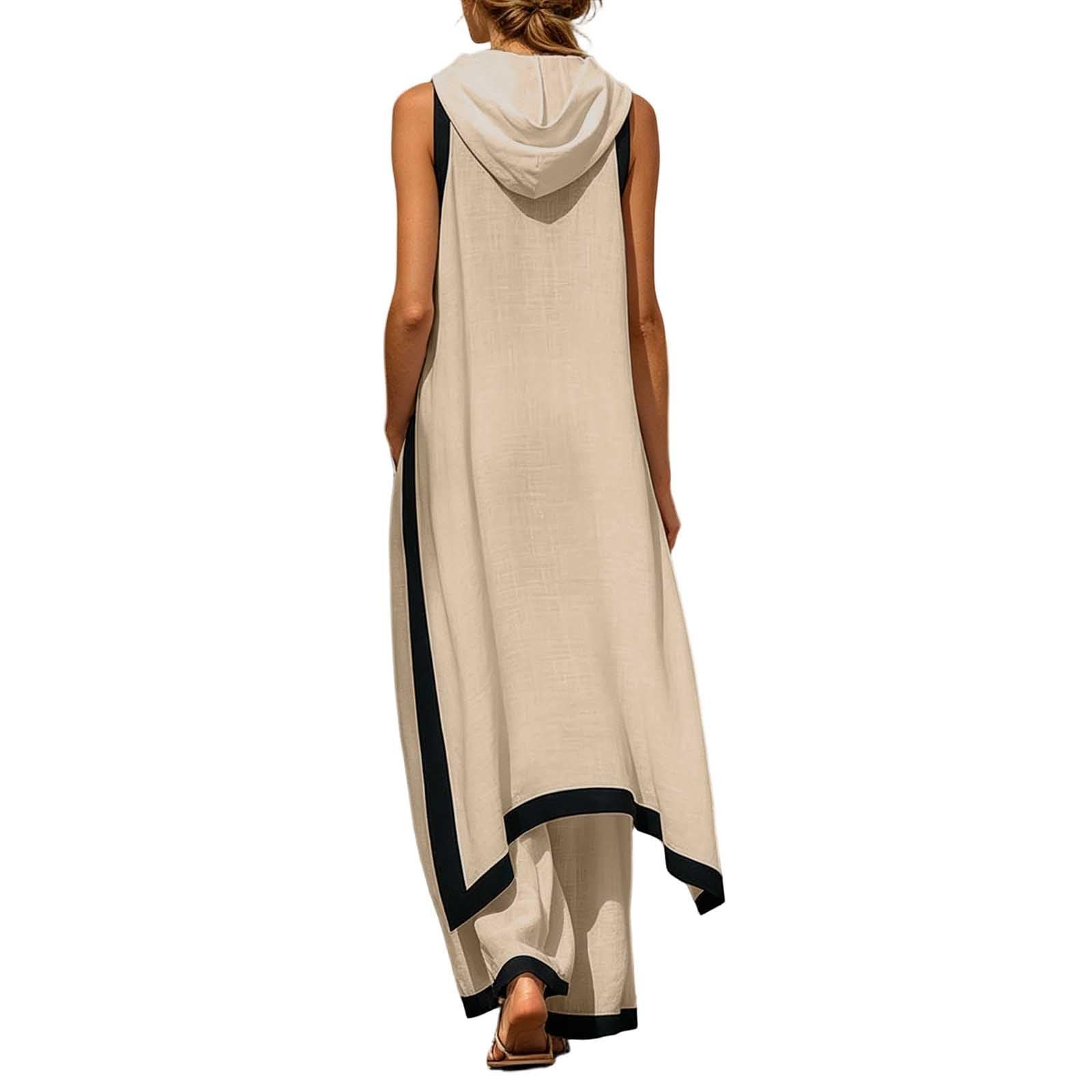 Zweiteiler Damen Elegant Hochzeit Anzug Ärmelloses Tunika mit asymmetrischem Saum und Kontrastfarbenen weite Hose Freizeitanzug Casual Outfit Loungewear