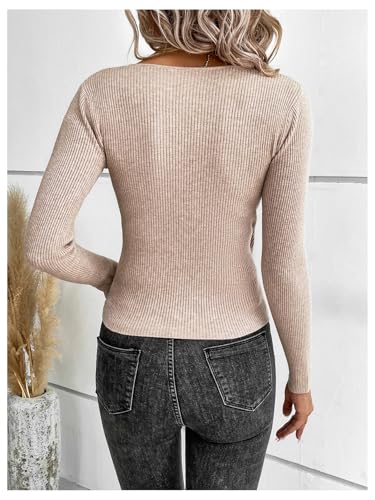 Image of BEAUDRM Women's Wrap Sweater Long Sleeve Deep V Neck Pullover Sweaters Tops Khaki Large
