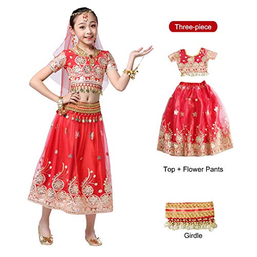 Indiano Danza Vestiti Costume Ballo per Ragazze Bollywood Set Bambini Danza del Ventre Sari Indiani per Bambini Abito in Chiffon Copricapo Gonna Gonna Fascia di Halloween,3-Red-L