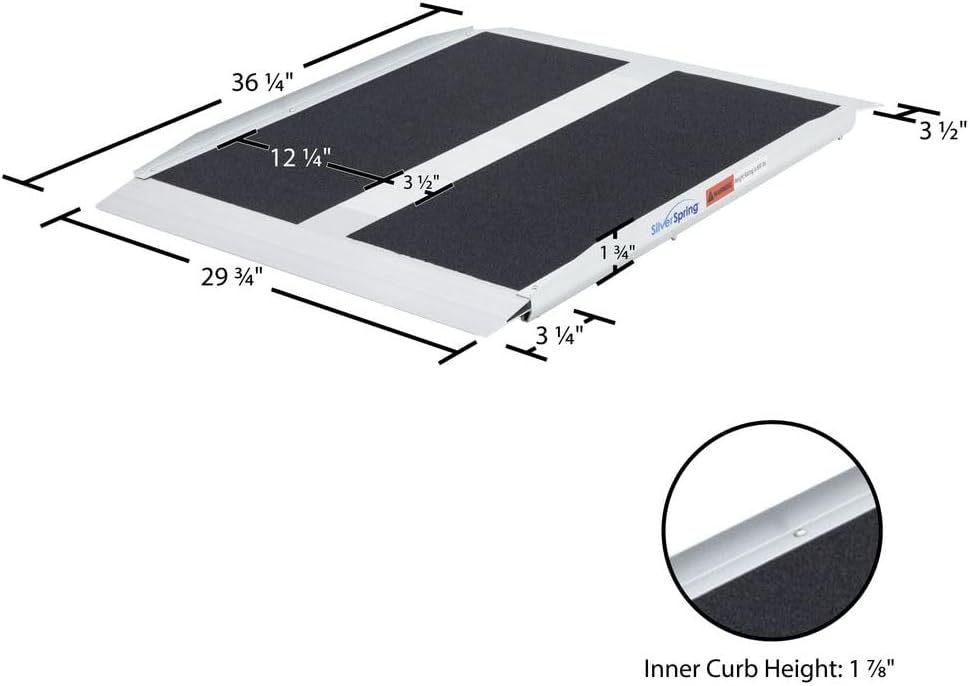 3' Wheelchair Door Threshold Ramp, 400 lb Capacity, Entrance Ramp, Silver Spring, 30" W