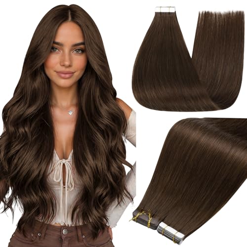 Image of Full Shine Tape In Hair Extensions Human Hair,4A Dark Chestnut Brown,16Inch 50G 20Pcs,Natural Looking Seamless Hair Extensions Tape in,Invisible Blend for Fuller Hair,Thick End Long Lasting Appeal