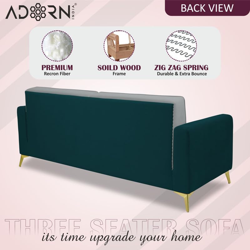 Image of Adorn India Premium Harlem 3 Seater Sofa | Velvet Suede Upholstery | 3-Year Warranty | Ocean Blue & Grey with Gold Legs & Cushion