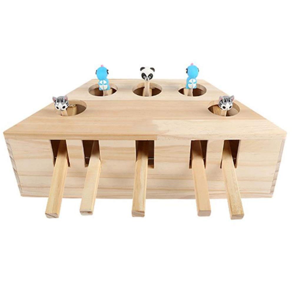 MU Gato Caza Juguete Chase Ratón Sólido Madera Interactiva Laberinto Mascota Hamster con 3/5-Holed Mouse Agujero Captura Mordedura Catnip Divertido Juguete,5 Hoyos
