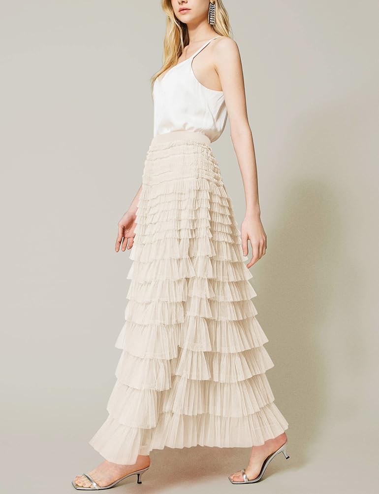 Long Tulle Skirt for Women Trendy High Waisted A Line Fluffy Fairy Mesh Layered Ruffle Skirt - Image 4