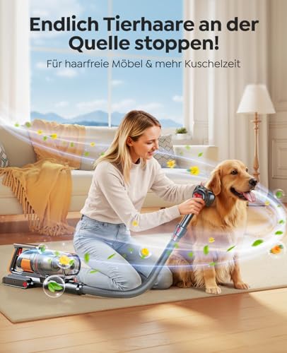 Fieety Akku Staubsauger 600W/50kPa/65Min, Staubsauger Kabellos mit Tierpflegebürste, 1M Schlauch, Wandladestation, 8-Schicht-Filtration Aromatherapie Ultraleise für Tierhaare, Teppich, Hartböden, Auto