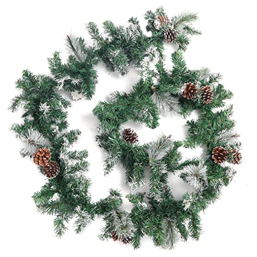 Belle Vous Guirnalda Verde de Navidad Puntas con Nieve y Conos de Pino - 2,7 m de Largo - Guirnalda de Abeto Verde Suave - Adornos Navideños para el Hogar, Escaleras, Repisa, Chimenea, Boda, Entrada