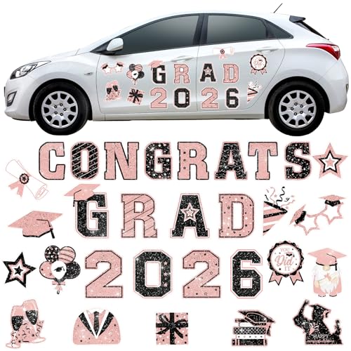 Image of Landhoow 30 Pcs Graduation Car Magnets 2026 Senior Graduation Car Decoration Bumper Sticker Congrats Grad Magnet Magnetic Refrigerator Decal for Grad Parade Party Supplies(Black, Pink)