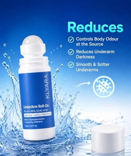 Image of Klyara Under Arm Roll-On Deodorant with 5% Potassium Azeloyl Diglycinate | Brightens Underarms, Controls Odor, Soothes Skin | Alcohol-Free | For Men & Women | 50ml (PACK-1)