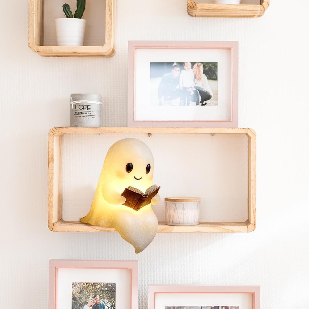 Halloween Cute Ghost Reading Book Lamp, 3D LED Ghost Night Light for Bedroom, Portable Ghost Reading Light, Soft Light Book Lamp for Readers, Study Room Decor (6 inch)