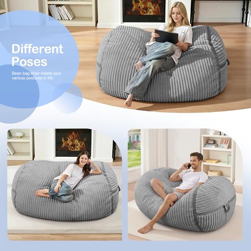 Image of 4FT Bean Bag Chair 4'Big Bean Bag Chairs with Adults, Large Beanbag Chair | Bean bag Lounger with Machine Washable Cover Corded Plush Fabric, Comfy Chairs for Living Room Bedroom Dorm, Lightgrey