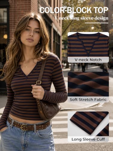 Image of Women Off Shoulder Striped Long Sleeve Top 2026 Fall Going Out Tee Shirts