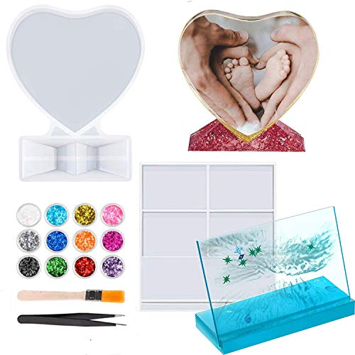 2 Pièces Cadre Photo Résine Époxy Moule en Silicone, Rectangulaire Et en Forme de Coeur Cadre Photo Moule en Silicone Moule de Moulage, Moule Personnalisé pour Cadeau de Décoration Intérieure