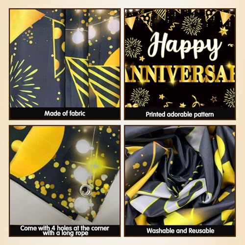 Image of Happy Anniversary Decorations,Happy Wedding Anniversary Party Supplies - Black Gold Happy Anniversary Banner,Backdrop 5.9 x 3.6Ft with 5pcs Honeycomb Centerpiece for Work Anniversary Decorations
