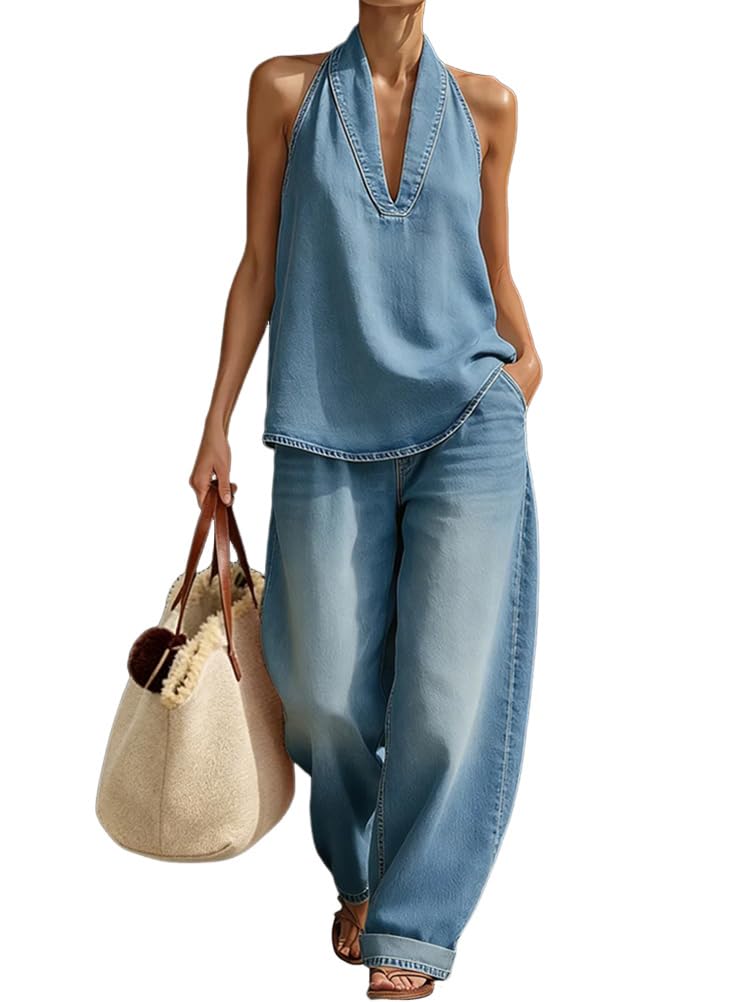 Onsoyours Tuta Completo Donna Estiva Tinta Unita 2 Pezzi Canottiere Senza Maniche e Pantaloni Vita Alta in Denim con Tasche
