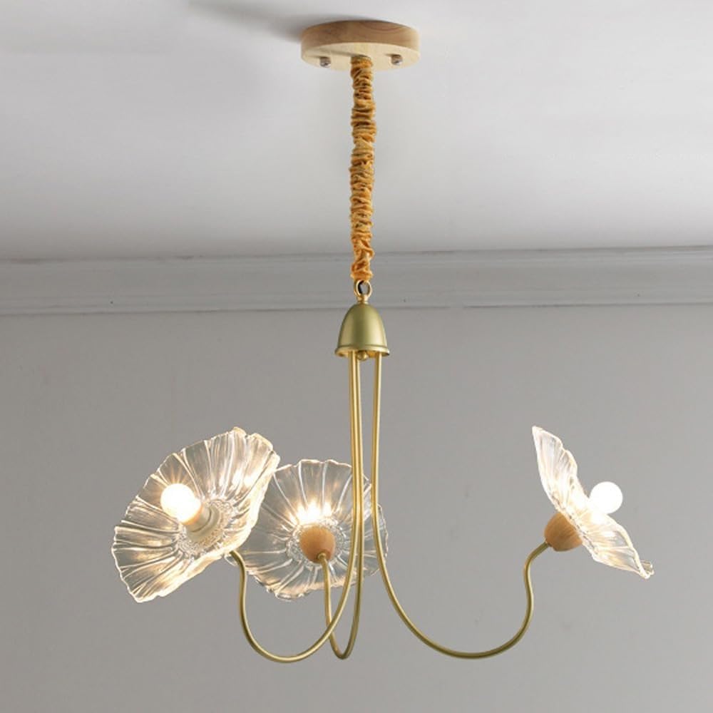 Abinlina Antique Gold Leaf Pendant Light Chandelier - 6-Light E27 Glass Flower Hanging Lamp for Living Room, Dining Room, Kitchen, and Entryway(3-Lights)