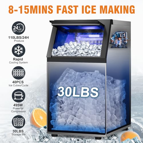 Image of Commercial Ice Maker 120LBS /24H, Stainless Steel Freestanding Ice Maker Machine 30LBS Storage Bin, Auto Clean Under Counter ice Machine for Home, Restaurant, Bar, Hotel, Store