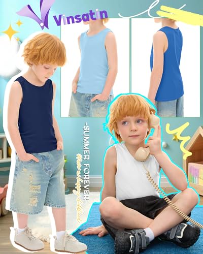 Image of 4 Pack Toddler Boys Cotton Tank Tops | Ribbed, Sleeveless T-Shirts, Summer Undershirts, Slim Fit, Crewneck, Layering, Sizes 18M-5T