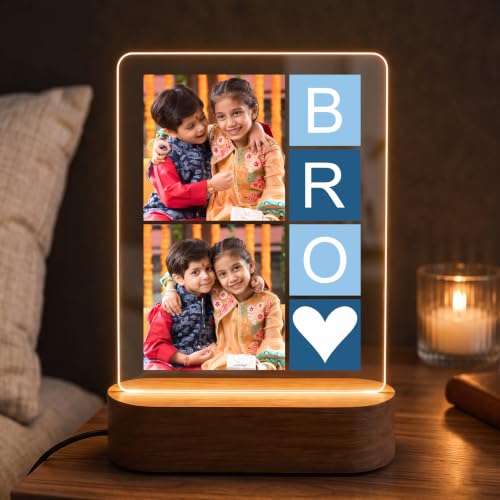 Image of Giftplease ersonalized Acrylic Photo Night Light - Custom LED Lamp with Wooden Base, Photo Collage & Custom 'BRO' Text Nightlight, Personalized Gifts for Brother, Birthday, Rakhi, Room Decor