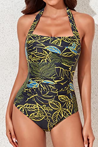 Image of Smismivo Tummy Control Swimwear Halter One Piece Slimming Vintage Retro Swimsuit Womens Ruched Push Up Bathing Suit