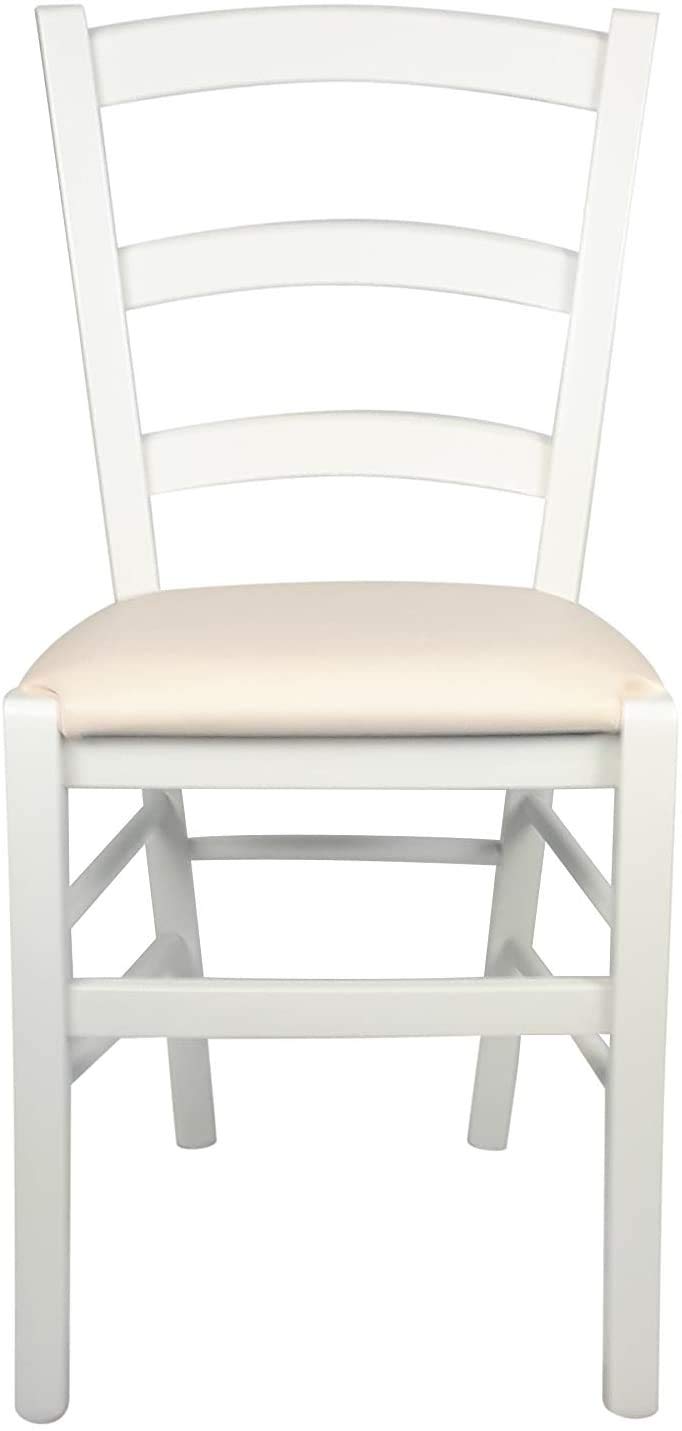 Set 6 Sedie Venezia Paesana In Legno Massello - Imbottita Beige, Laccata Bianca Per Cucina E Ristorante