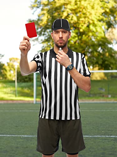 Somsoc 6 Pieces Men's Official Referee Costume Set Official Umpire Jersey Black And White Stripe Collar Referee Shirt Cards Hat Whistle Penalty Flag Sandbag Rugby Referee Necessities #TOP5