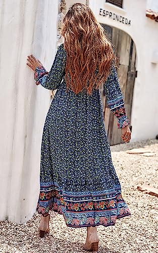 PRETTYGARDEN Long Sleeve Maxi Dress for Women V Neck Casual Button Down Boho Long Floral Dresses