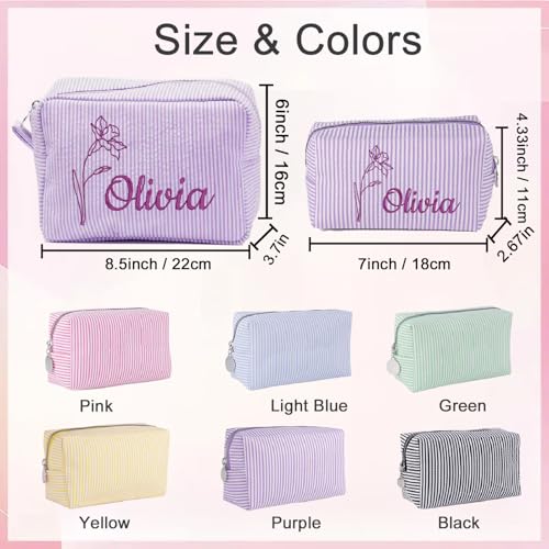 Personalized Seersucker Makeup Bag with Embroidered Name&Birth Flower,Custom Small Travel Cosmetic Bag Toiletry Bag Wedding Gifts for Bridesmaid Bride3