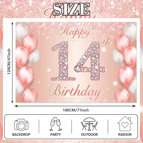 Image of Happy 14th Birthday Rose Gold Banner Cheers to 14 Years Old Backdrop Confetti Balloons Theme Decor for Girls 14 Years Old Pink Birthday Party Decorations Bday Supplies Background Favors Gift Glitter