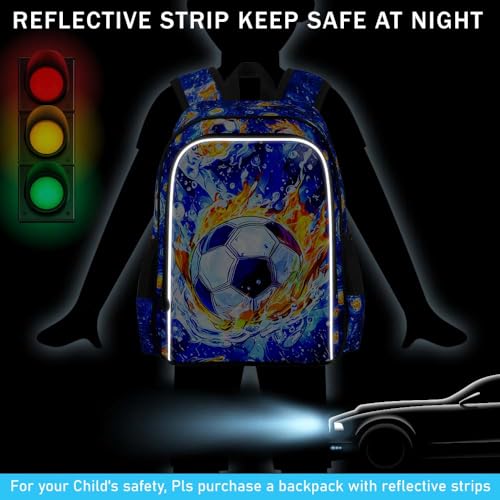 Image of HPJGD 3PCS Soccer Backpack for Boys, Water Resistant Kids Bookbag Set with Lunch Box, Cool School Bag for Elementary Preschool Toddler - Fire & Water Soccer