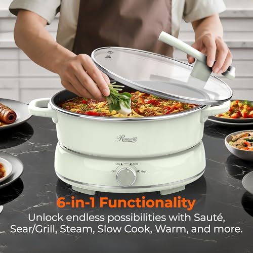 Image of Rosewill 12.7 QT Electric Hot Pot Slow Cooker with Multiple Functions, Split Design with 11.8 inch Wider Cooking Pot and SUS Steam Basket, 1600W High Power, Includes Utensils - Light Green