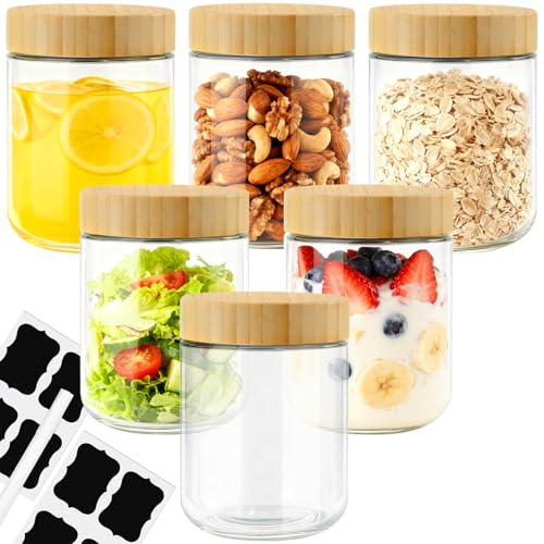 Otauoaea 6 Bocaux en Verre,470ml Pot en Verre avec Couvercle pour Overnight Oats,Pot de Yaourt avec Couvercle,Overnight Oats Jar,Bocal Hermétique pour la Meal...