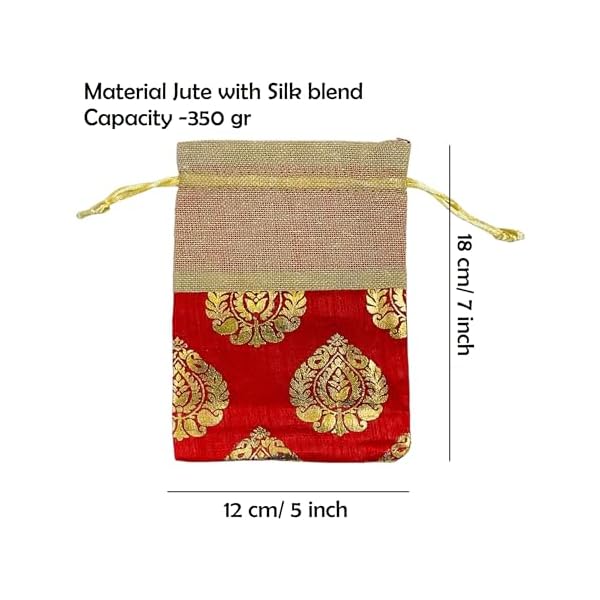 Krisah 10pcs 18 X 12 cm Women Red Printed Silk Half Jute Small Gift Potli Bags for Gifting - Image 4