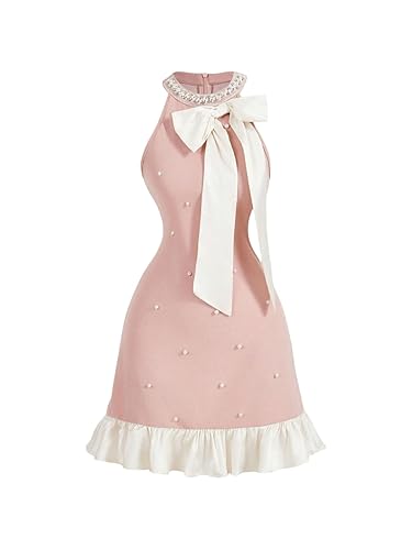 Floerns Women's Cute Bowknot Halter Dress Pearl Beaded Ruffle Hem