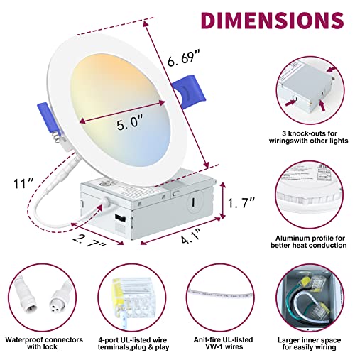 Emitever 6 Inch Ultra-Thin Led Recessed Ceiling Light,5Cct Dimmable Recessed Lights With Junction Box,Dimmable Can-Killer Downlight,12W,1050Lm High Brightness,Us Etl And Energy Star Certified #TOP4