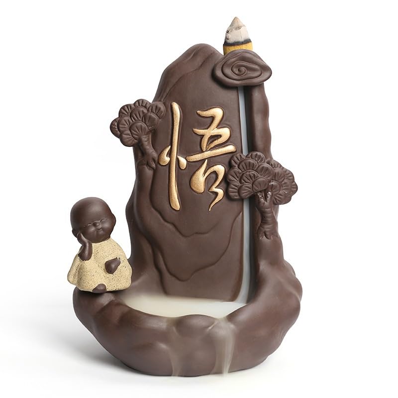 Quemador de Incienso de reflujo de Arena Morada, Quemador de Incienso de reflujo de Madera de agar Little Monk, Quemador Creativo de aromaterapia (11,7 x 8,2 x 15,5 cm)