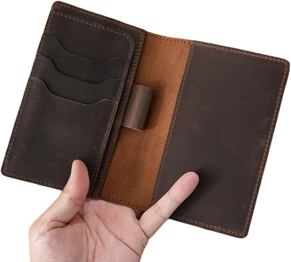 Leather Pocket Notebook Cover for Field Notes Large Capacity Small Journal Wallet with Card Holder Pen Slot Mini Note Pad Cover(Coffee)
