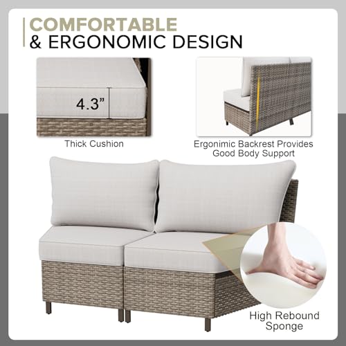 COOS BAY Aurora Terrace Outdoor Wicker Sectional Curved Sofa Set, Modular Patio Seating with Cushions, 1 Piece 2 Seat Balcony Furniture Set, Beige/Beige