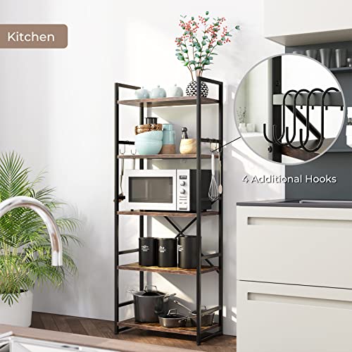 HAIOOU-Industrial-Bookshelf-5-Tier-Tall-Bookcase-with-4-Hooks-Vintage-Storage-Rack-Organizer-Free-Standing-Wood-Book-Shelf-Black-Metal-Frame-Shelving-Unit-for-Home-Office-Kitchen-Rustic-Brown
