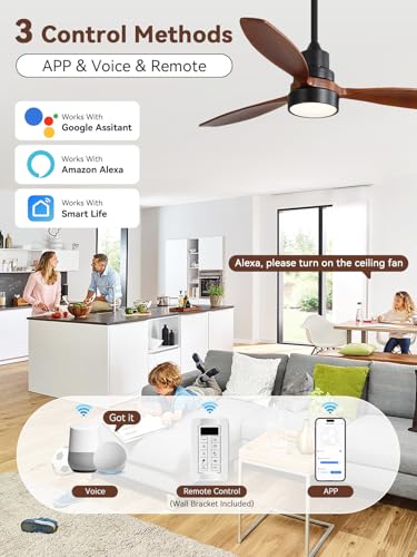 Image of Sofucor 52 Inch Solid Wood Ceiling Fans no Light, Works with App /Alexa /Google, Dimmable 6-Speed Outdoor Ceiling Fan with Remote for Indoor Bedroom Living Room Outdoor Patio Porch